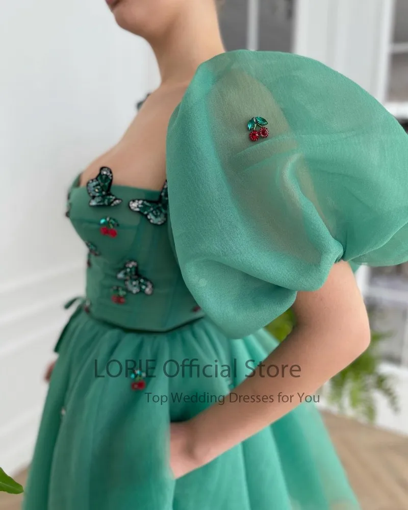 LORIE Green Prom Dresses 2021 A-Line Green Red Cherry Short Puff Sleeves Short Party Gown Robes de cocktail Dress for Teens