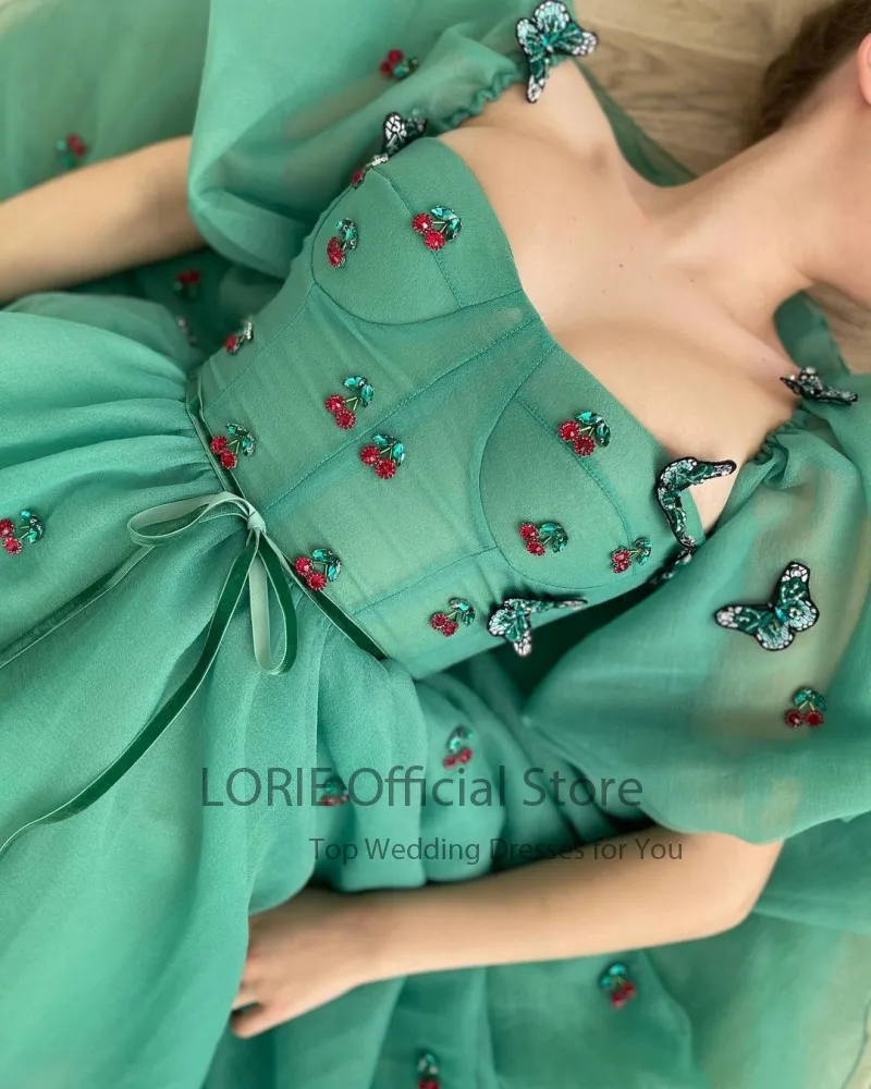 LORIE Green Prom Dresses 2021 A-Line Green Red Cherry Short Puff Sleeves Short Party Gown Robes de cocktail Dress for Teens
