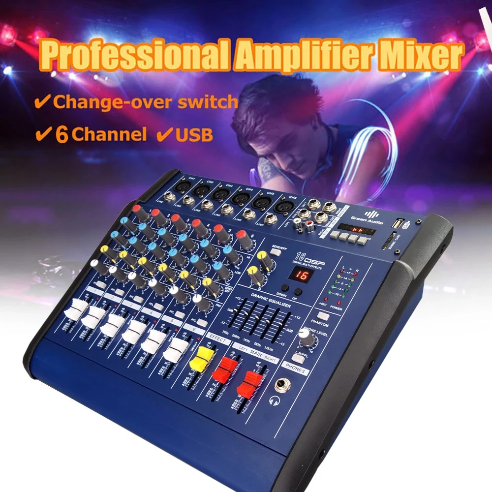 GAX-602D 48V Phantom Power Mixer, USB 6-Канален Усилвател DJ Karaoke Audio Mixer Поддръжка на USB флаш памет за Изпълнение Family