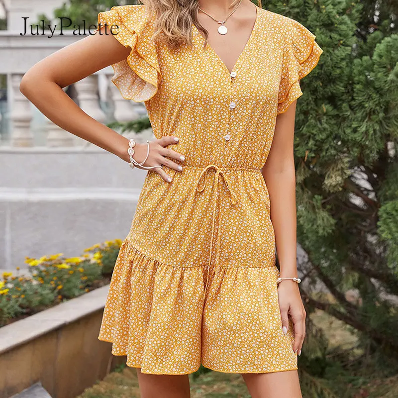 Julypalette Лято Yellow Dot Printed Ruffles Sleeve Dress Ежедневни V-образно деколте Lace up Women Short Dress Vintage boho Vestidos Femme