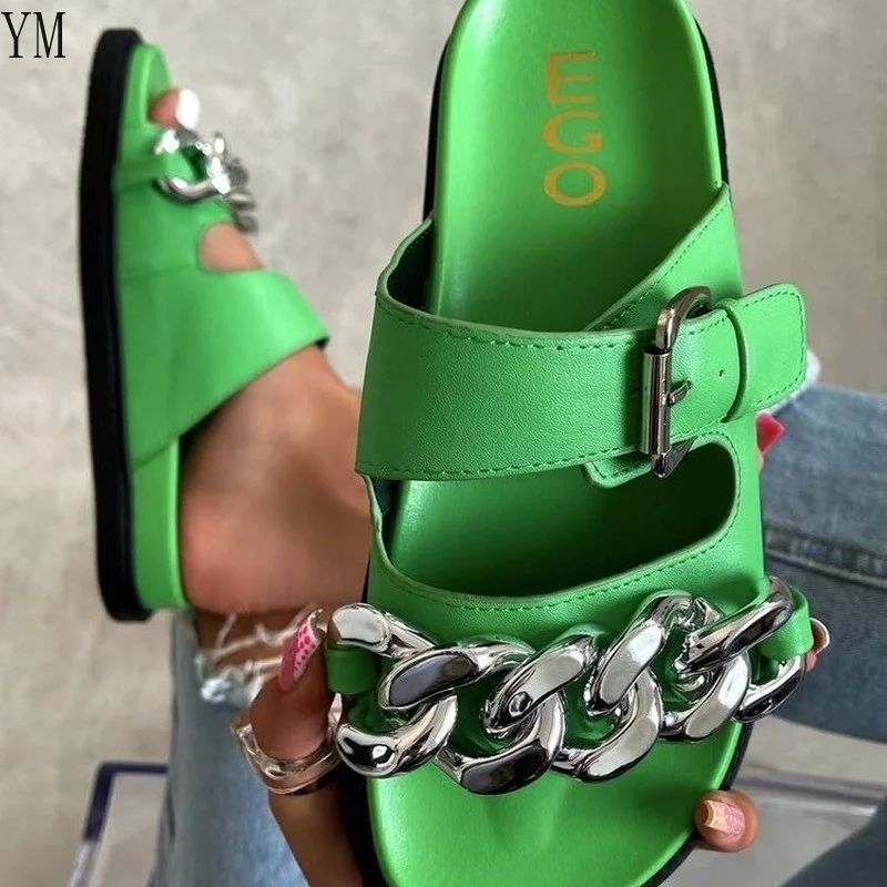 Зелен 2021 Нова Мода Кожата на Жената Верига Дизайнер Ключалката Летни Сандали Вечерни Обувки Закрит с Плосък Дом Zapatillas 36-43